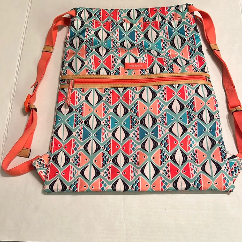 Vera Bradley Lighten Up Bag Backpack Beach Tote Cinch Sack Go Fish-EUC